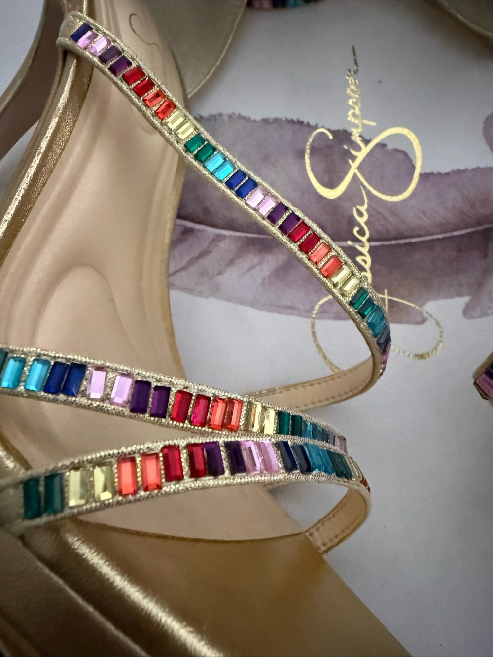 Jessica Simpson Gold Metallic Platform Heels with Multicolor Gem Straps - Picture 5 of 8